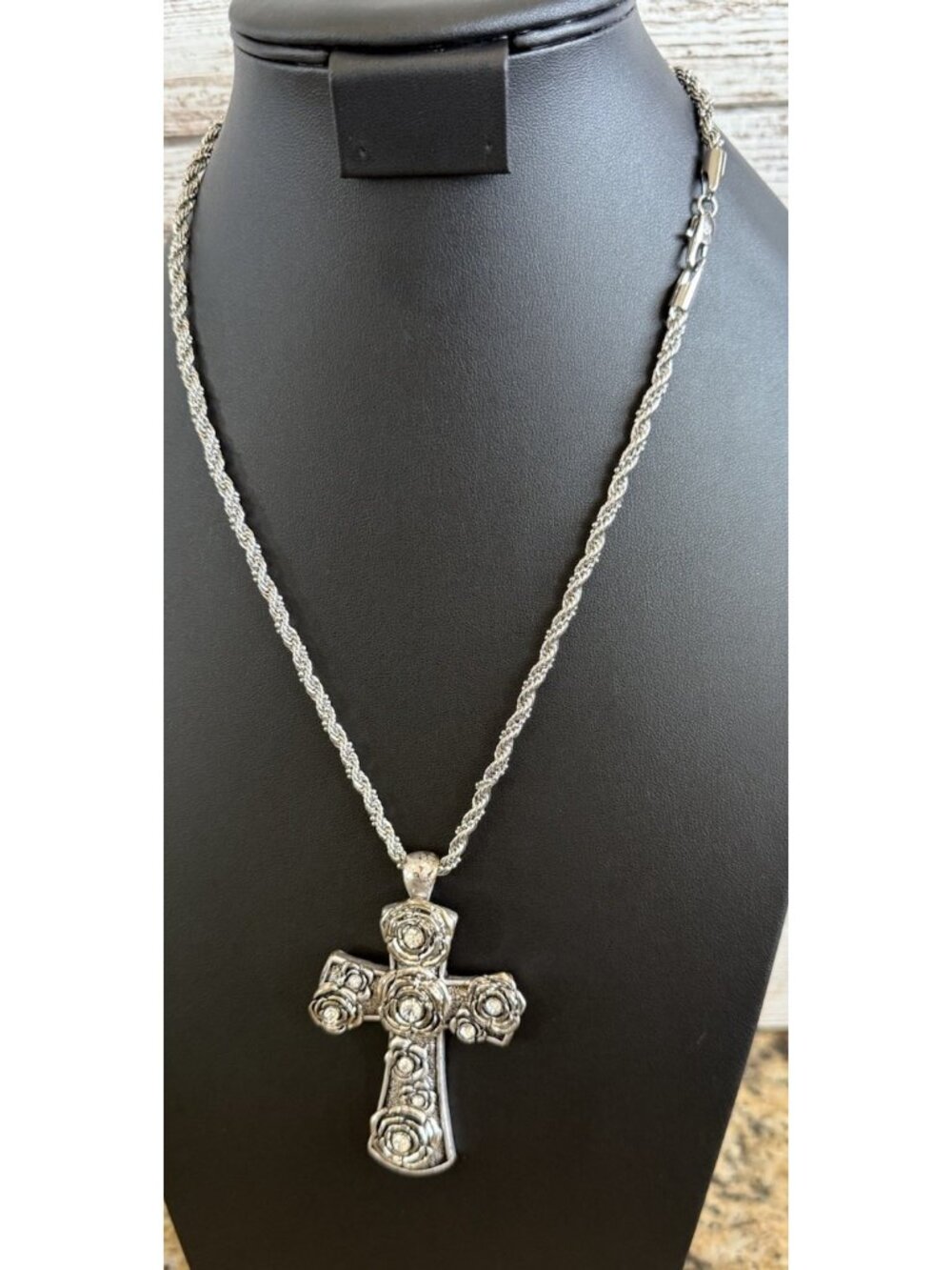 Rosette W/Rhinestone Cross Necklace Stainless Steel Rope Chain Statement Piece